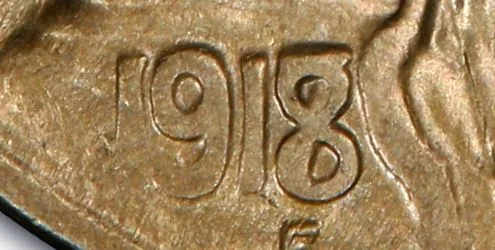 1918-D Buffalo Nickel: 8/7 overdate magnified